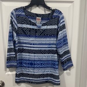 Ruby Rd. Blue and Black Geometric 3/4 length Sleeve Top